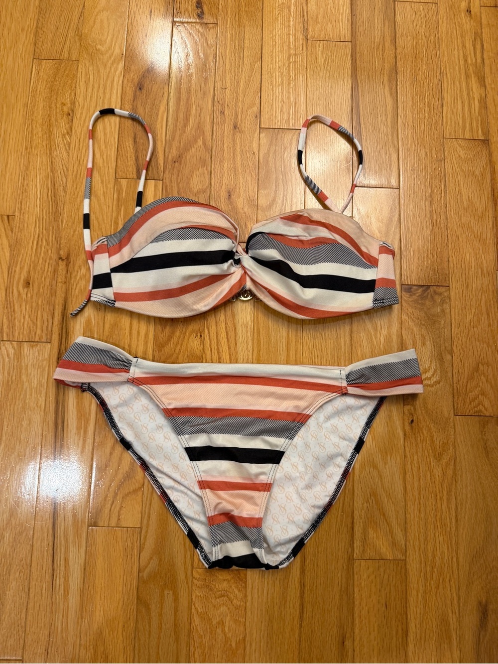 Victoria's Secret Coral, Black & Cream Striped Bikini Set